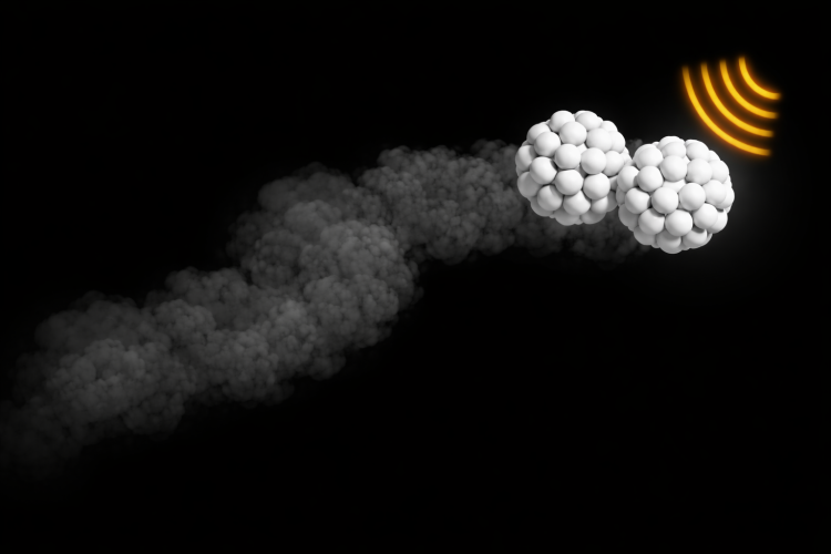 Abstract illustration of clustered white nanoscale particles moving through a dark vessel with signal waves.