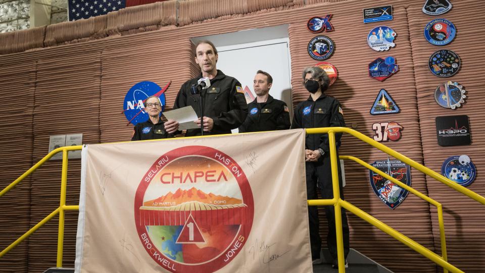 Ross Brockwell exiting the Mars Dune Alpha habitat at NASA&#039;s Johnson Space Center in Houston, Texas.