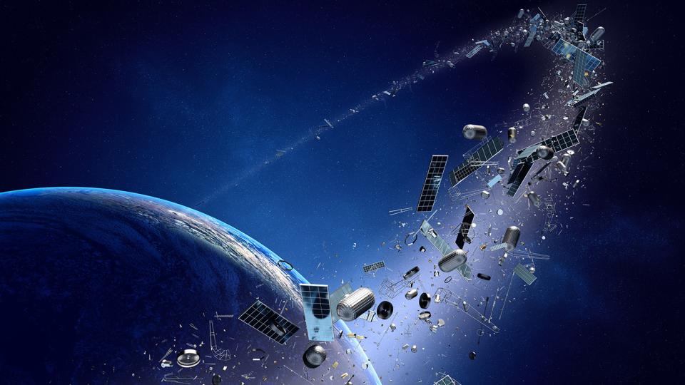 An illustrative image of Earth with debris orbiting around it