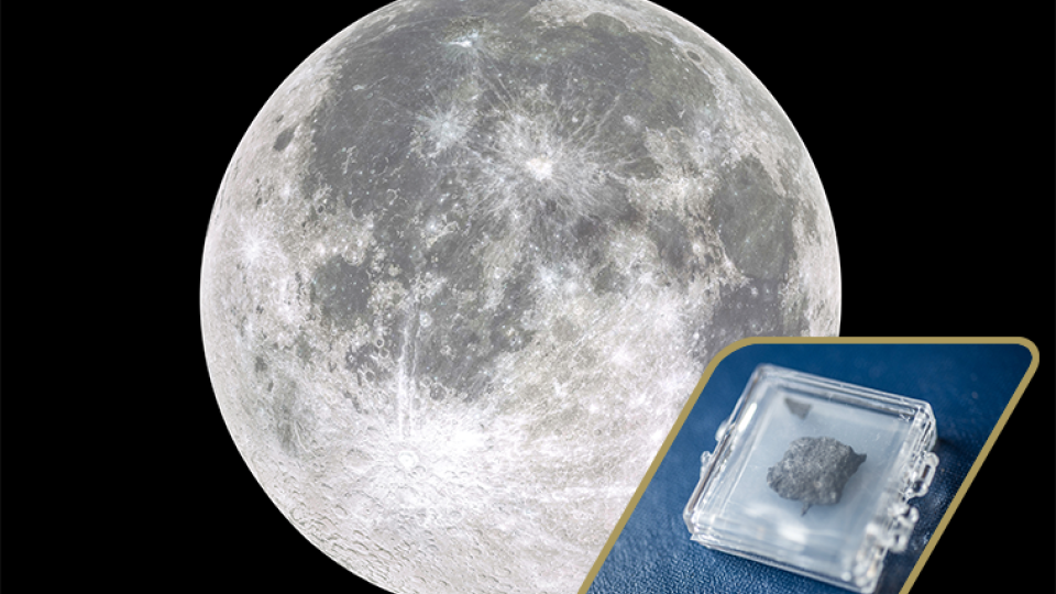 Photo of the moon with a lunar sample