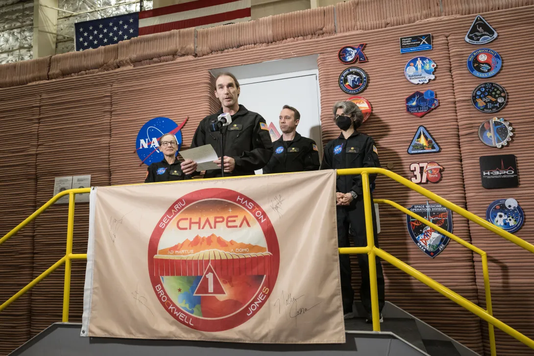 Ross Brockwell exiting the Mars Dune Alpha habitat at NASA&#039;s Johnson Space Center in Houston, Texas.